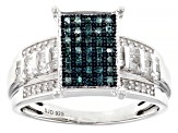 Pre-Owned Blue And White Diamond Platinum Over Sterling Silver Quad Ring 0.60ctw