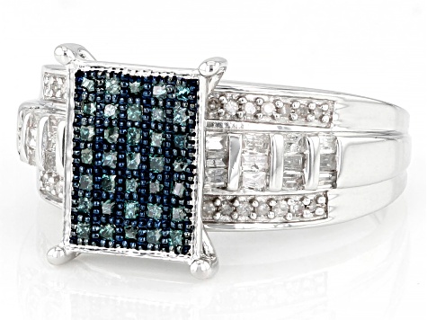 Pre-Owned Blue And White Diamond Platinum Over Sterling Silver Quad Ring 0.60ctw