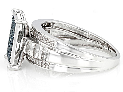 Pre-Owned Blue And White Diamond Platinum Over Sterling Silver Quad Ring 0.60ctw