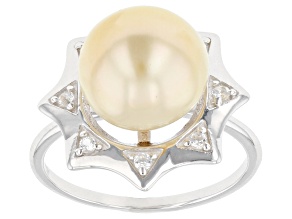 Pre-Owned Golden Cultured South Sea Pearl & White Topaz Rhodium Over Sterling Silver Ring