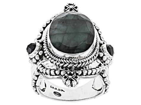 Pre-Owned Green Emerald & Black Spinel Silver Watermark Ring 6.01ctw
