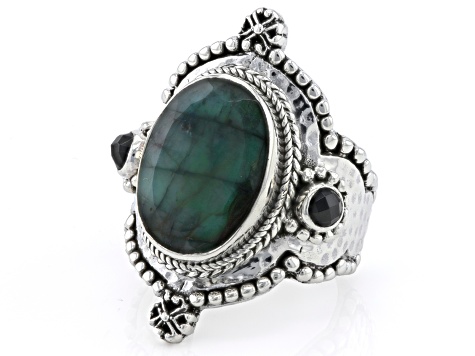 Pre-Owned Green Emerald & Black Spinel Silver Watermark Ring 6.01ctw