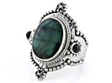 Pre-Owned Green Emerald & Black Spinel Silver Watermark Ring 6.01ctw