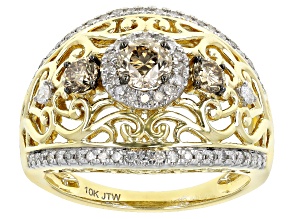 Pre-Owned Champagne And White Diamond 10k Yellow Gold 3-Stone Cocktail Ring 1.25ctw