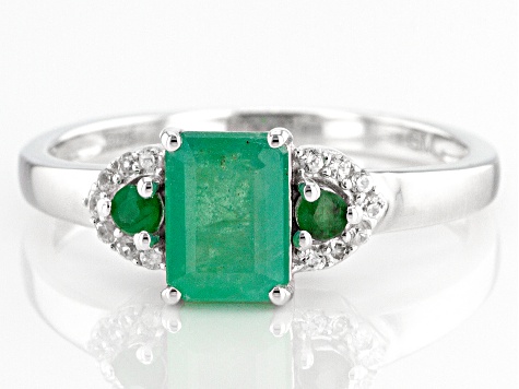 Pre-Owned Green Zambian Emerald Rhodium Over Sterling Silver Ring 0.85ctw