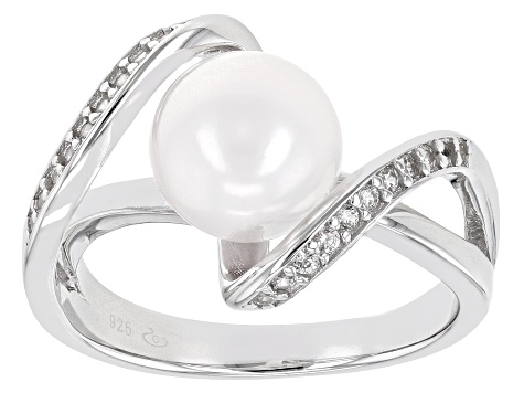 Pre-Owned White Cultured Japanese Akoya & White Zircon Rhodium Over Sterling Silver Ring