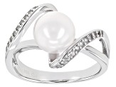 Pre-Owned White Cultured Japanese Akoya & White Zircon Rhodium Over Sterling Silver Ring