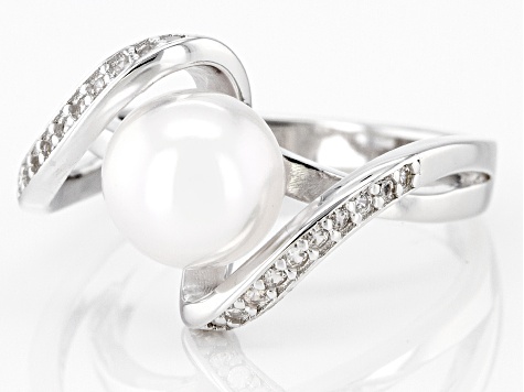 Pre-Owned White Cultured Japanese Akoya & White Zircon Rhodium Over Sterling Silver Ring