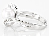 Pre-Owned White Cultured Japanese Akoya & White Zircon Rhodium Over Sterling Silver Ring