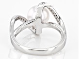 Pre-Owned White Cultured Japanese Akoya & White Zircon Rhodium Over Sterling Silver Ring