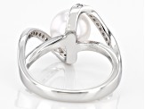 Pre-Owned White Cultured Japanese Akoya & White Zircon Rhodium Over Sterling Silver Ring