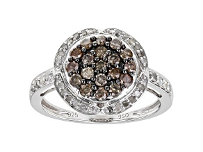 Pre-Owned Champagne And White Diamond Rhodium Over Sterling Silver Cluster Ring 0.85ctw