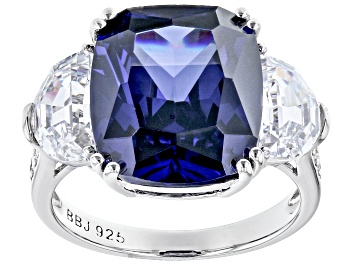 Picture of Pre-Owned Blue And White Cubic Zirconia Rhodium Over Sterling Silver Ring 19.09ctw