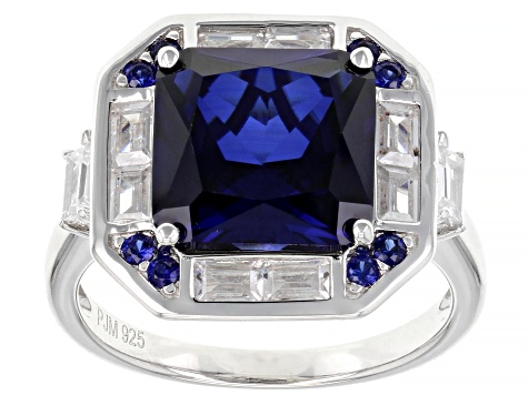 Pre-Owned Lab Created Blue Sapphire And White Cubic Zirconia Rhodium Over Sterling Silver Ring 6.57c
