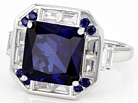 Pre-Owned Lab Created Blue Sapphire And White Cubic Zirconia Rhodium Over Sterling Silver Ring 6.57c