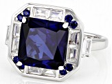 Pre-Owned Lab Created Blue Sapphire And White Cubic Zirconia Rhodium Over Sterling Silver Ring 6.57c