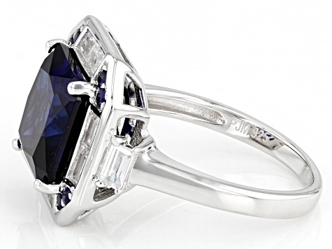 Pre-Owned Lab Created Blue Sapphire And White Cubic Zirconia Rhodium Over Sterling Silver Ring 6.57c