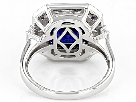 Pre-Owned Lab Created Blue Sapphire And White Cubic Zirconia Rhodium Over Sterling Silver Ring 6.57c