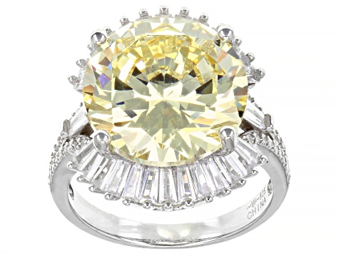 Pre-Owned Canary And White Cubic Zirconia Rhodium Over Sterling Silver Ring 18.02ctw