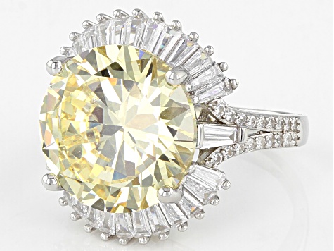 Pre-Owned Canary And White Cubic Zirconia Rhodium Over Sterling Silver Ring 18.02ctw