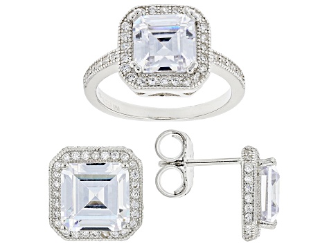 Pre-Owned White Cubic Zirconia Rhodium Over Sterling Silver Ring And Earring Set 10.97ctw