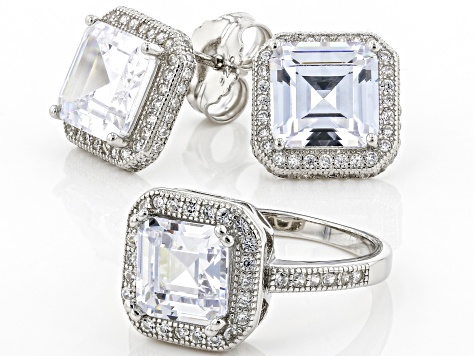 Pre-Owned White Cubic Zirconia Rhodium Over Sterling Silver Ring And Earring Set 10.97ctw