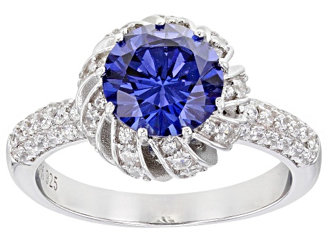 Pre-Owned Blue And White Cubic Zirconia Rhodium Over Sterling Silver Ring 4.63ctw