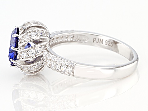 Pre-Owned Blue And White Cubic Zirconia Rhodium Over Sterling Silver Ring 4.63ctw