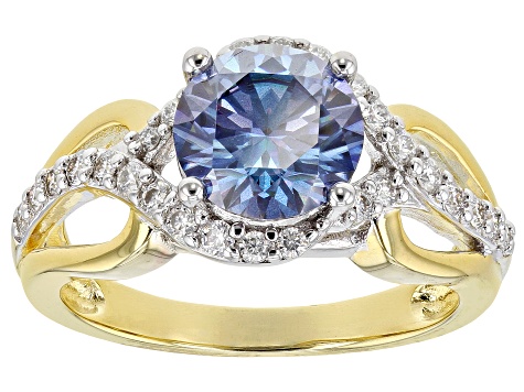 Pre-Owned Blue and colorless moissanite 14k yellow gold over silver and Platineve ring 2.34ctw DEW