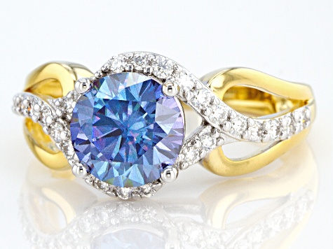 Pre-Owned Blue and colorless moissanite 14k yellow gold over silver and Platineve ring 2.34ctw DEW