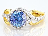 Pre-Owned Blue and colorless moissanite 14k yellow gold over silver and Platineve ring 2.34ctw DEW