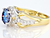Pre-Owned Blue and colorless moissanite 14k yellow gold over silver and Platineve ring 2.34ctw DEW