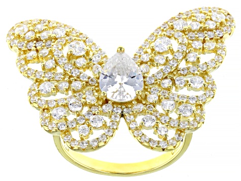 Pre-Owned White Cubic Zirconia 18K Yellow Gold Over Sterling Silver Butterfly Ring 4.55ctw