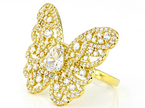 Pre-Owned White Cubic Zirconia 18K Yellow Gold Over Sterling Silver Butterfly Ring 4.55ctw
