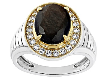 Picture of Pre-Owned Golden Sheen Sapphire With Sapphire Rhodium & 18k Yellow Gold Over Silver Men's Ring 5.57c