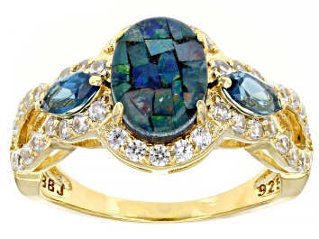 Picture of Pre-Owned Multi-Color Mosaic Opal Triplet 18k Yellow Gold Over Sterling Silver Ring 1.09ctw
