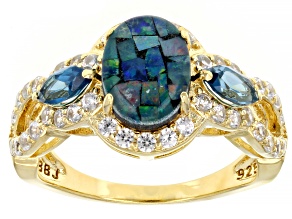 Pre-Owned Multi-Color Mosaic Opal Triplet 18k Yellow Gold Over Sterling Silver Ring 1.09ctw
