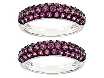 Picture of Pre-Owned Raspberry Rhodolite Rhodium Over Sterling Silver Band Ring Set of 2 2.49ctw