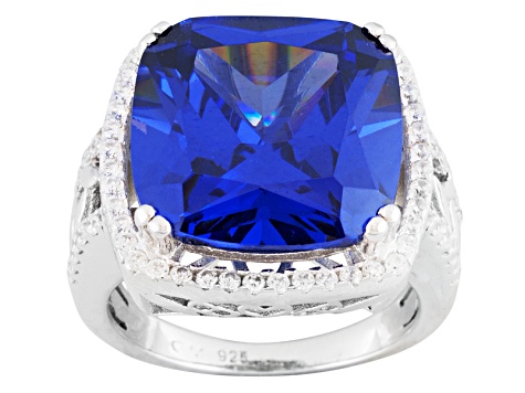 Pre-Owned Blue And White Cubic Zirconia Rhodium Over Sterling Silver Ring 24.68ctw