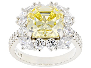 Pre-Owned Canary And White Cubic Zirconia Rhodium Over Sterling Silver Ring 13.42ctw