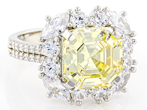 Pre-Owned Canary And White Cubic Zirconia Rhodium Over Sterling Silver Ring 13.42ctw