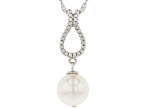 Pre-Owned White Cultured Japanese Akoya Pearl & White Zircon Rhodium Over Sterling Silver Pendant Wi