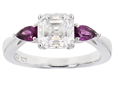 Pre-Owned Moissanite and grape color garnet platineve ring 1.85ct DEW.