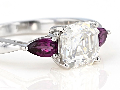 Pre-Owned Moissanite and grape color garnet platineve ring 1.85ct DEW.