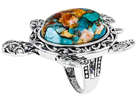 Pre-Owned Blended Orange Spiny Oyster Shell and Blue Turquoise Sterling Silver Turtle Ring