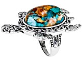 Pre-Owned Blended Orange Spiny Oyster Shell and Blue Turquoise Sterling Silver Turtle Ring