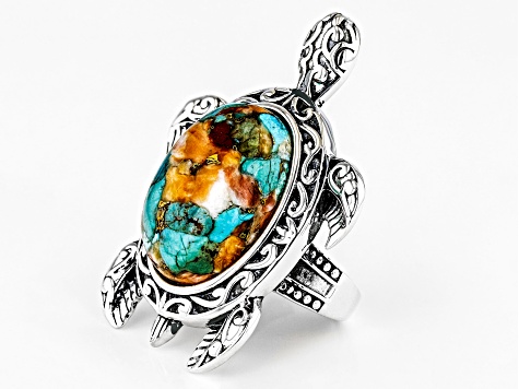 Pre-Owned Blended Orange Spiny Oyster Shell and Blue Turquoise Sterling Silver Turtle Ring