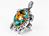 Pre-Owned Blended Orange Spiny Oyster Shell and Blue Turquoise Sterling Silver Turtle Ring