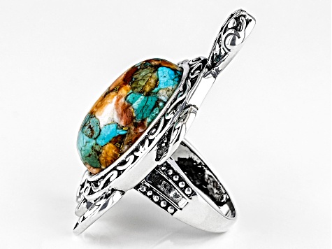 Pre-Owned Blended Orange Spiny Oyster Shell and Blue Turquoise Sterling Silver Turtle Ring