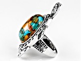 Pre-Owned Blended Orange Spiny Oyster Shell and Blue Turquoise Sterling Silver Turtle Ring